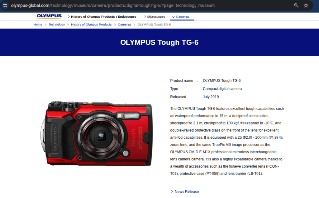 Screenshot from the olympus website setting out the specs of the TG-6 camera